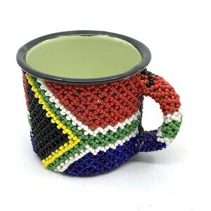 Vintage Hand Beaded African Folk Art Enamel Mug Zulu Style Steel Cup Handcrafted